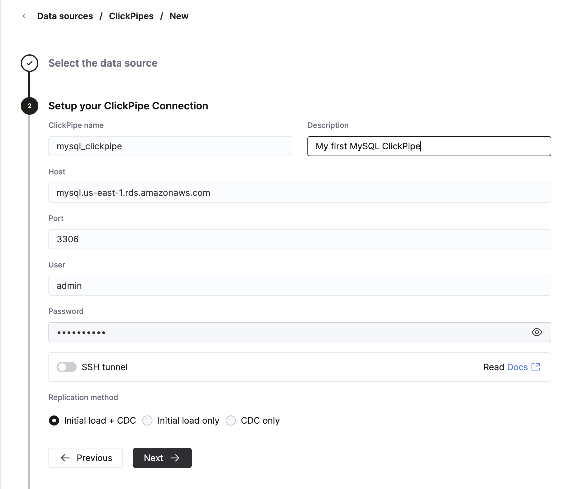 Заполните параметры подключения