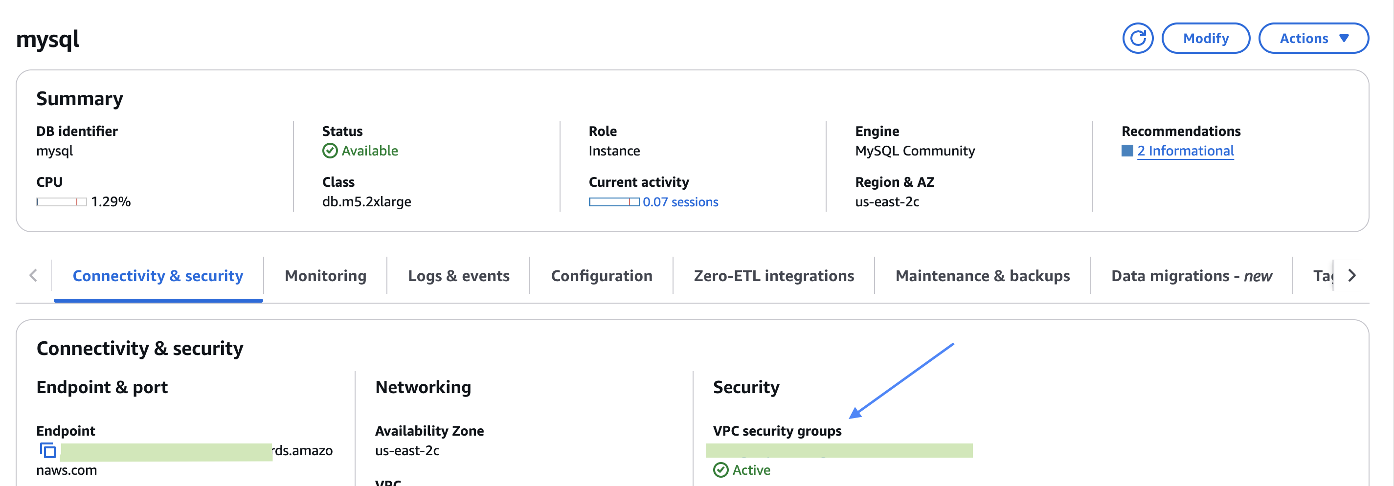 Где найти группу безопасности в Aurora MySQL?